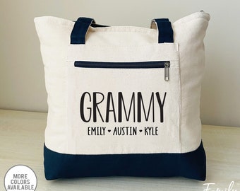 Grammy Personalized Bag , Grammy Gift, Zippered Tote, Gift From Grandkids, Two Tone Bag, Personalized Grammy Gift