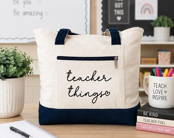 Teacher Things Tote Bag, Teacher Stuff Tote, Zippered Tote Bag, Teacher Tote, Back to School Gift