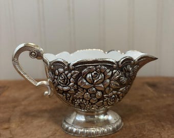 Vintage Rose Embossed Creamer Silver Plated & White Enamel