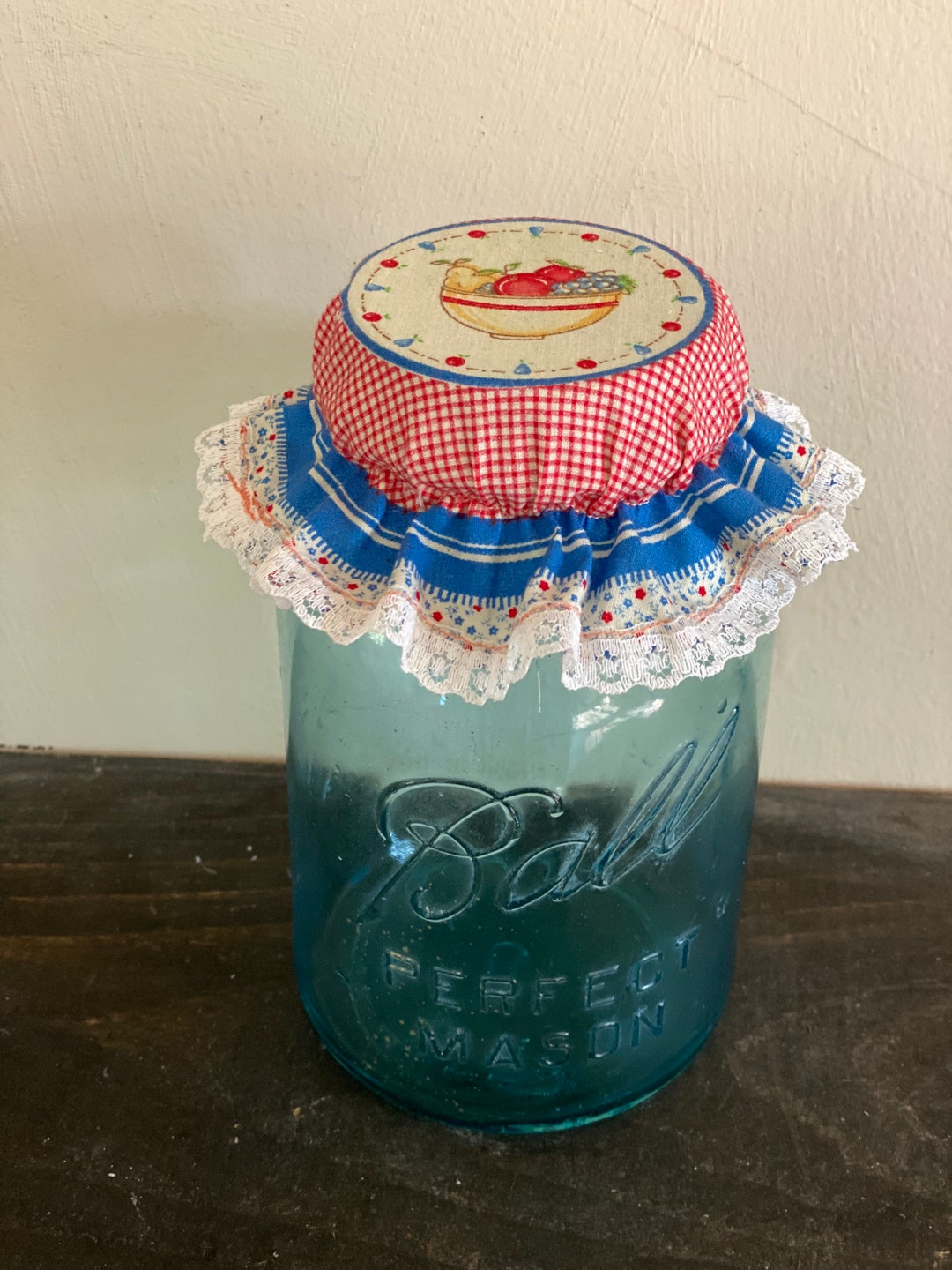 Vintage Blue Glass Ball Mason Jar With Fabric Jar Cover Etsy