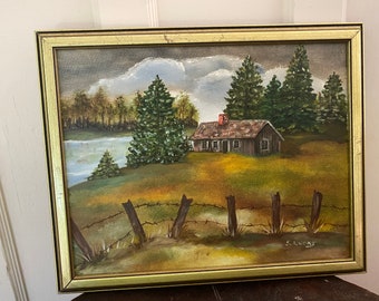 Pintura de paisaje enmarcada vintage