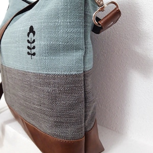 Crossbody bag gray turquoise, hand print canvas purse, vegan bag, brown leather, linen fabric bag, Wallet Tote, Large bag, ready to ship bag image 6