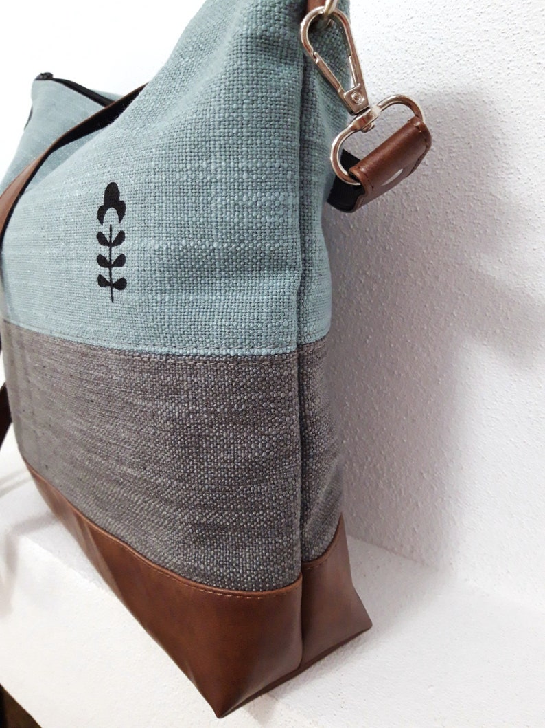 Crossbody bag gray turquoise, hand print canvas purse, vegan bag, brown leather, linen fabric bag, Wallet Tote, Large bag, ready to ship bag image 6