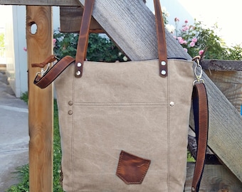 Crossbody Shoulder Bag, Medium Tote Bag, Bag convertible, Canvas bag with pockets, beige and brown leather bag, crazy horse effect, Boho Bag