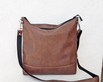 Große Braun Vegan Leder Crossbody Bag, Handgemachte Hobo Geldbörse, Casual Tasche, Einfache Frau Handtasche