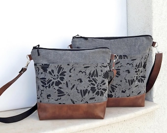 Große Umhängetasche, graue Canvas-Tasche, handgefertigter Gänseblümchen-Print, wasserabweisende Handtasche, mittelgroße Geldbörse