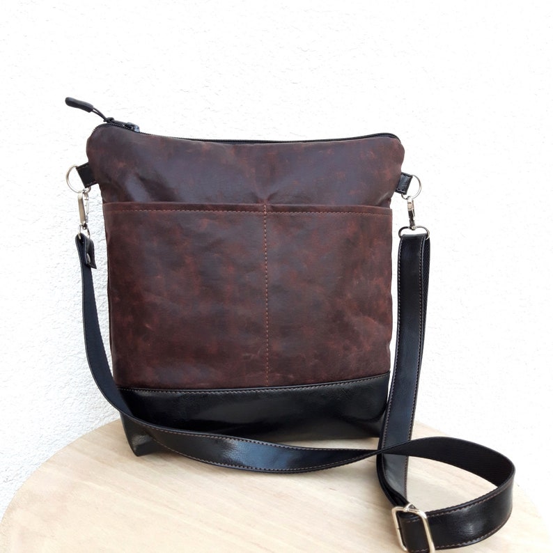 Deep crossbody purse, Ready to ship bag, Leather brown burgundy bag, vegan bag, everyday handbag, shoulder bag external pockets, messenger image 1