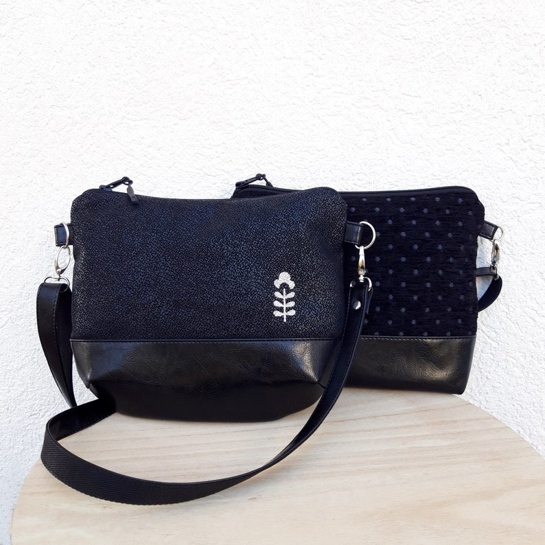 Crossbody tas zwart leer, vegan tas, kleine leren tas, casual schoudertas, avondtasje, tas van een vrouw of meisje, cadeau voor haar, stof afbeelding 3