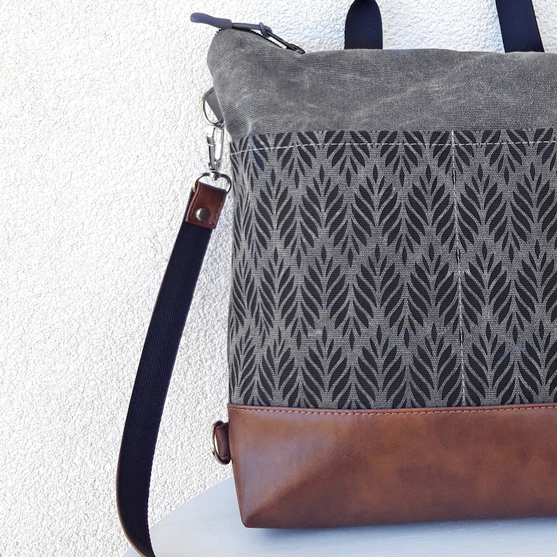 Backpack Convertible purse, Black, Tan, Gray crossbody bag, bag Aztec pattern, shoulder bag, Marble effect canvas hobo purse, vegan purse image 3