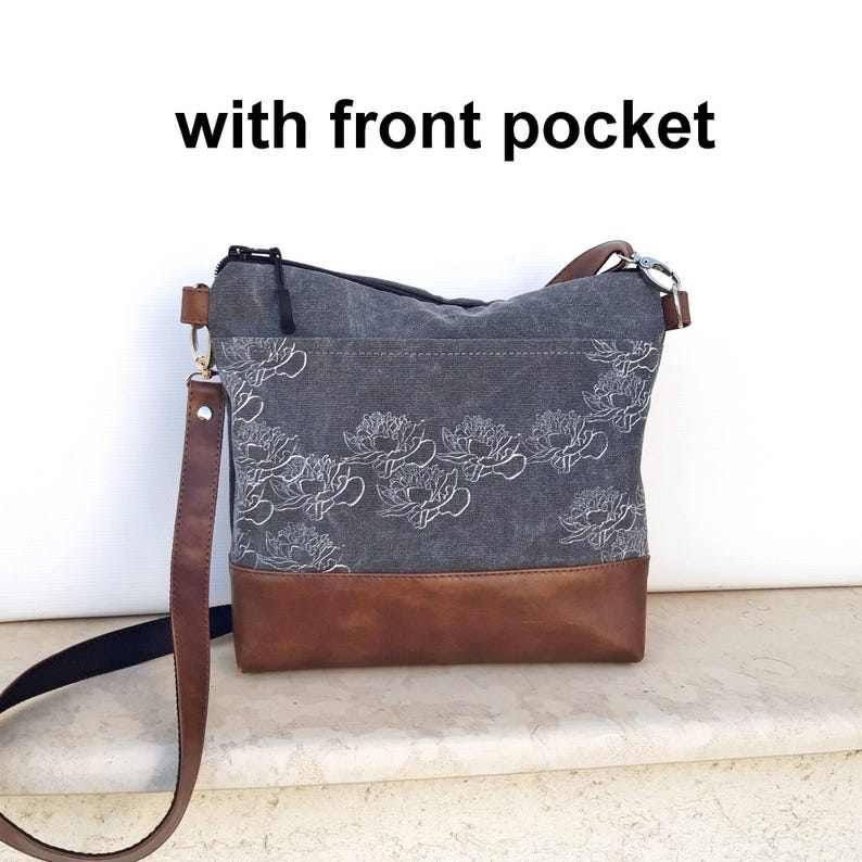 Graue Umhängetasche | Kleine Tasche aus Canvas | Tagesschultertasche | Frau Mädchen Handmade With front pocket