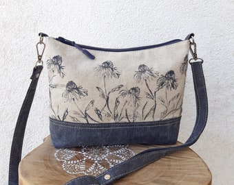 Crossbody bag 10"x7.6" | Floral Linen bag | Small zipper shoulder bag | four inside pockets | hobo purse | field flowers print