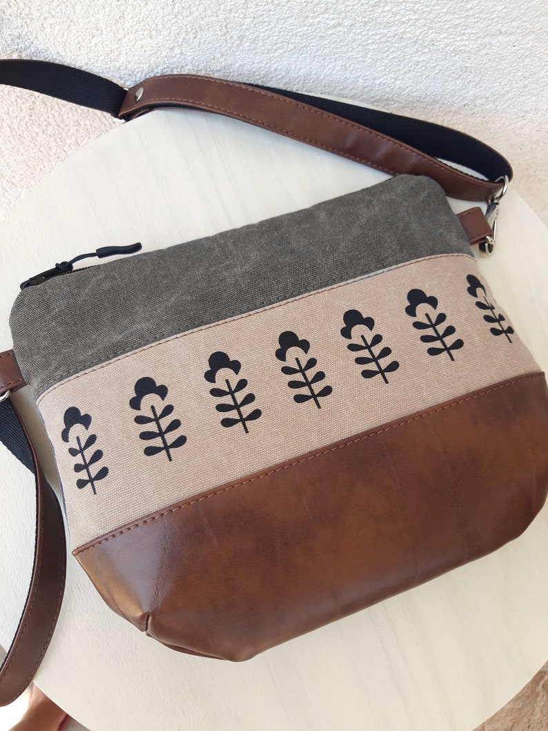 Small canvas crossbody purse, pattern, mini gray bag, waxed effect messenger bag, hobo bag vegan leather brown, medium leather pouch image 4