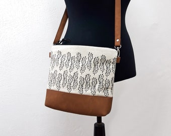 Crossbody bag 10"x9" | Small zipper shoulder bag | natural material | vegan leather and canvas bag | hobo purse | Water Flowers print