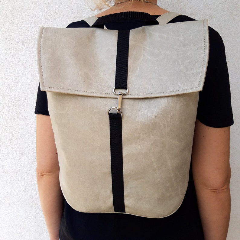 Women's backpack white, Handmade from Diahobag, vegan leather bag, deep backpack for format A4, antique effect leather image 8