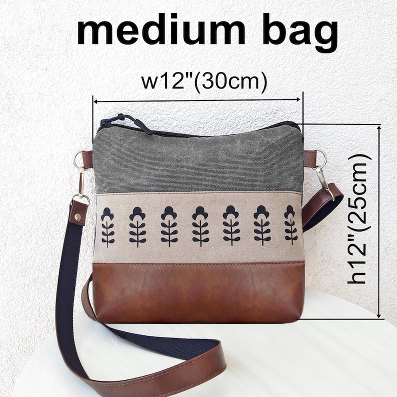 Medium crossbody purse, Gray bag, small messenger bag, Magnolia print, hobo bag vegan leather, canvas pouch, girl bag, gift for a woman image 2