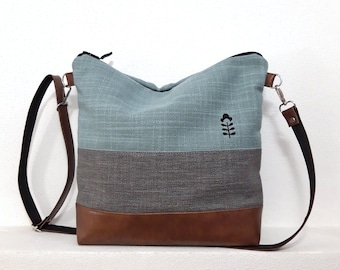 Crossbody bag gray turquoise, hand print canvas purse, vegan bag, brown leather, linen fabric bag, Wallet Tote, Large bag, ready to ship bag