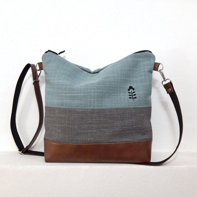 Crossbody bag gray turquoise, hand print canvas purse, vegan bag, brown leather, linen fabric bag, Wallet Tote, Large bag, ready to ship bag Brown Leather