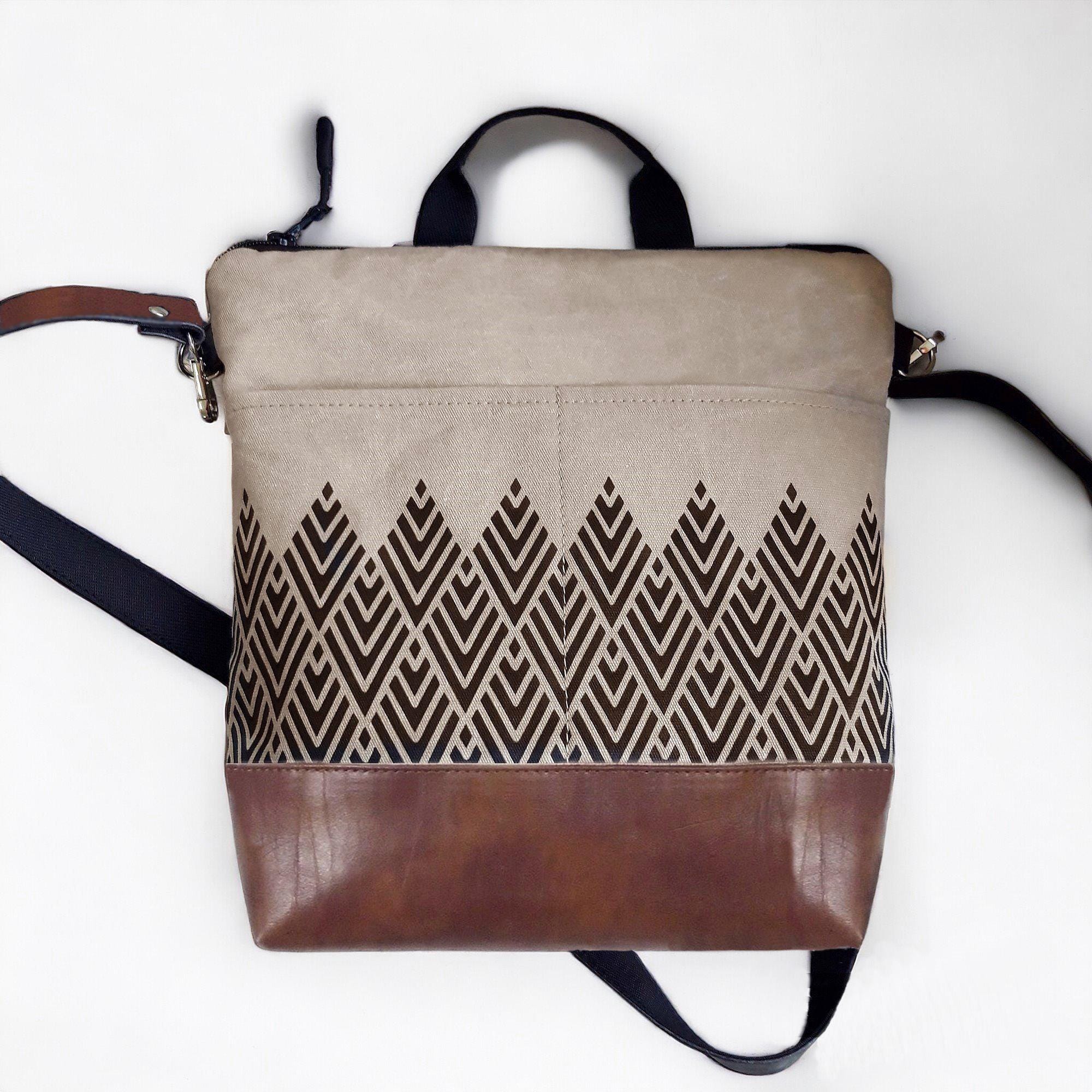 Convertible crossbody beige, Medium canvas backpack, black brown leather, hand print purse, Water repellent