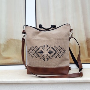 Convertible bag Backpack, Aztec print, crossbody bag size w12xh11, w14xh14, Gray White Beige canvas bag, hobo urban purse, vegan leather