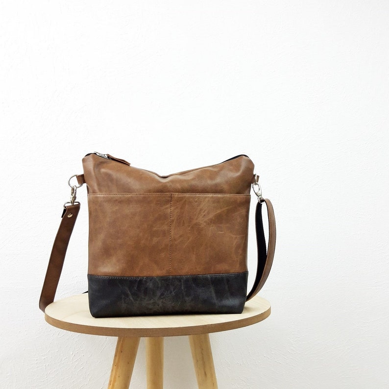 Medium brown black crossbody purse, vegan leather bag, leather with antique effect, shoulder bag with external pockets,small messenger purse image 2