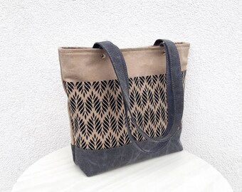 Medium shoulder bag, water repellent fabric Gray, beige canvas purse, handmade print, mini tote, hobo vegan bag, daily bag leatherless