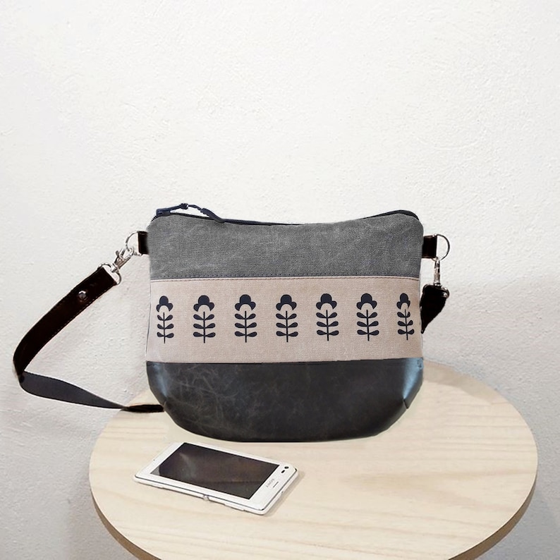 Medium crossbody purse, Gray bag, small messenger bag, Magnolia print, hobo bag vegan leather, canvas pouch, girl bag, gift for a woman image 7