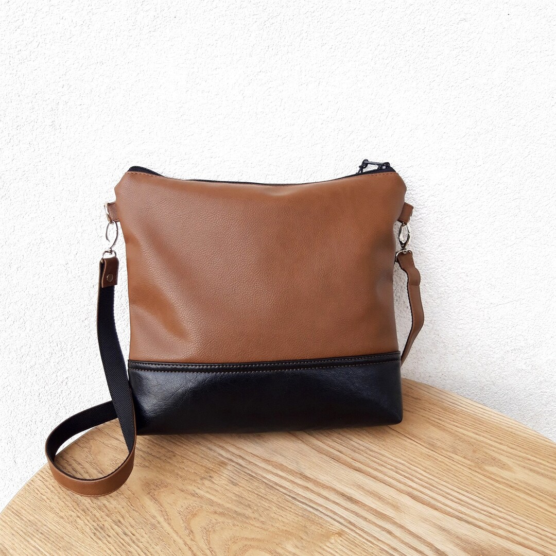 Brown and Black Crossbody Purse, Vegan Leather Bag, Everyday