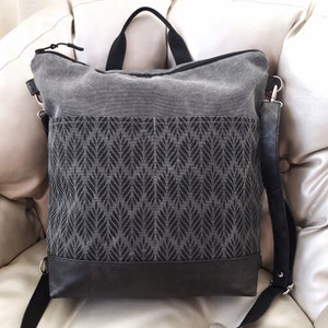 Backpack Convertible purse, Black, Tan, Gray crossbody bag, bag Aztec pattern, shoulder bag, Marble effect canvas hobo purse, vegan purse Black Leather