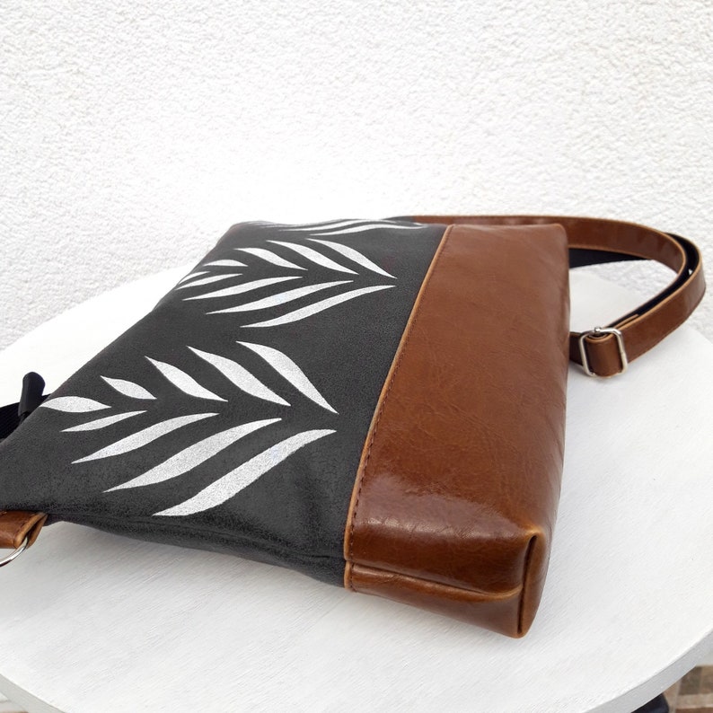 Crossbody bag, White print, vegan leather bag, dark gray purse, Casual purse, hobo bag, Crossbody Wallet image 4