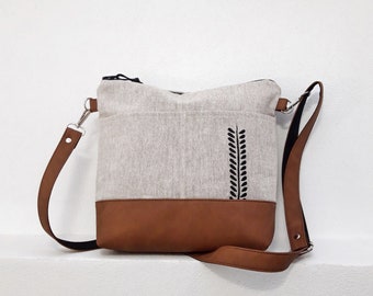 Umhängetasche Naturprodukt, beige Jute-Canvas-Tasche, vegane Tasche, Reißverschluss-Umhängetasche, Canvas-Hobo-Tasche, Umhängetasche, Tribal-Gemälde-Geldbörse