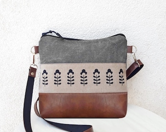 Medium crossbody purse, Gray bag, small messenger bag, Magnolia print, hobo bag vegan leather, canvas pouch, girl bag, gift for a woman