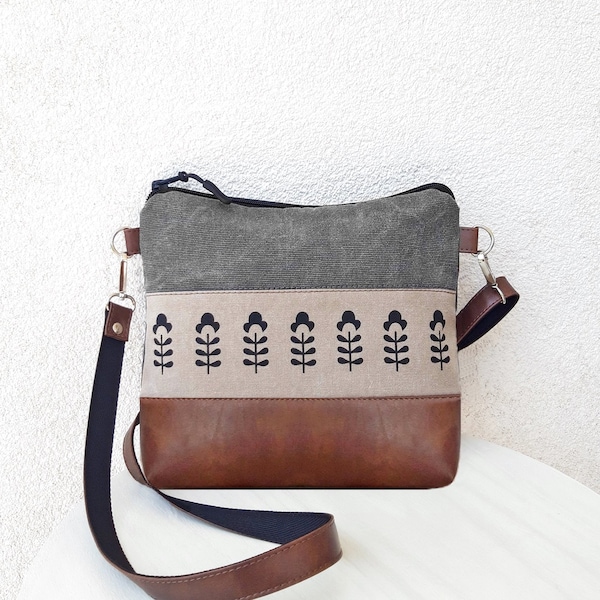 Medium crossbody purse, Gray bag, small messenger bag, Magnolia print, hobo bag vegan leather, canvas pouch, girl bag, gift for a woman