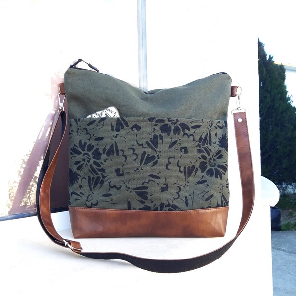Canvas crossbody bag, vegan bag brown leather, tote bag green, large medium shoulder bag, ready to ship bag, travel bag,hobo crossbody purse