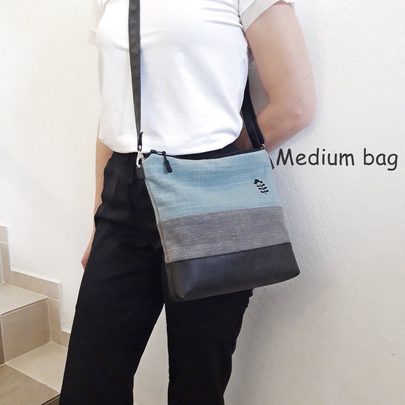Crossbody bag gray turquoise, hand print canvas purse, vegan bag, brown leather, linen fabric bag, Wallet Tote, Large bag, ready to ship bag image 8
