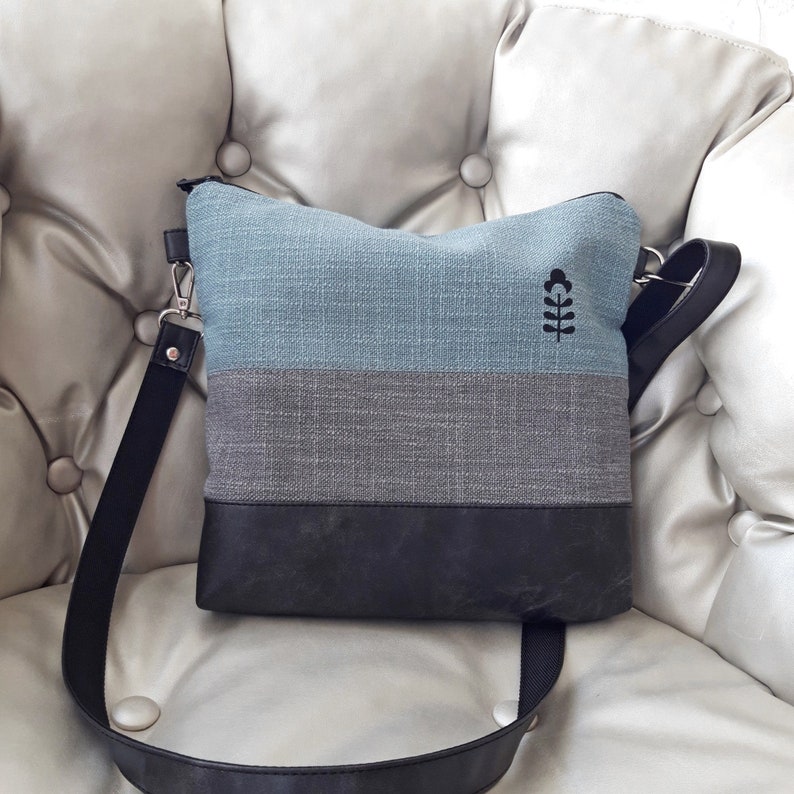 Crossbody bag gray turquoise, hand print canvas purse, vegan bag, brown leather, linen fabric bag, Wallet Tote, Large bag, ready to ship bag Black Leather