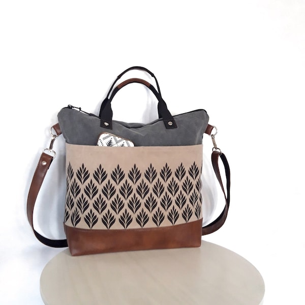 Crossbody Gray bag, Multicolored bag, canvas vegan leather, beige brown colors, outer pockets Tote, zipper shoulder bag, Large hobo purse