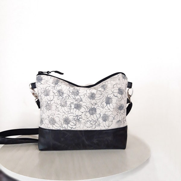 Gray print Crossbody bag, Small natural bag, Antique effect black leather, Vegan Casual shoulder bag, Woman Girl, Delicate Flowers Wallet