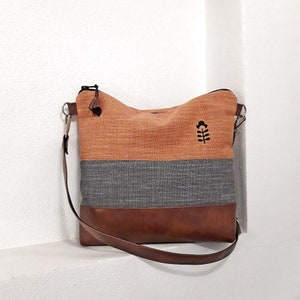 Orange Leinen Tasche, Crossbody bag grau türkis, Große Geldbörse, Handdruck Canvas Geldbörse, veganes braunes Leder, Stofftasche, Wallet Tote