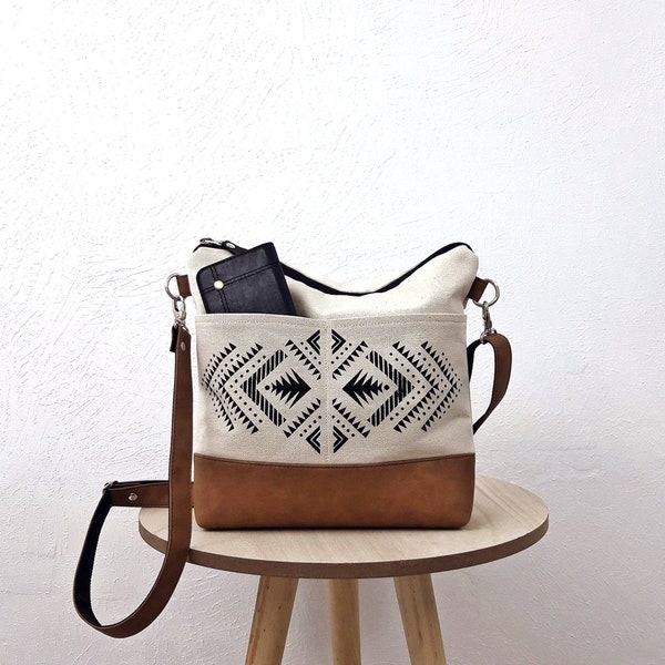 Crossbody bag, Aztec print, casual vegan bag, women's bag with external pocket, natural fabric canvas bag, zipper shoulder bag, hobo purse