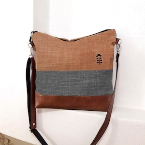 Crossbody bag gray turquoise, hand print canvas purse, vegan bag, brown leather, linen fabric bag, Wallet Tote, Large bag, ready to ship bag image 9