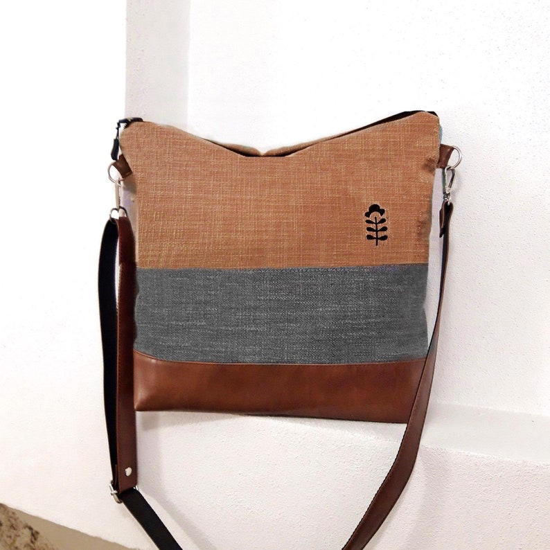 Crossbody bag gray turquoise, hand print canvas purse, vegan bag, brown leather, linen fabric bag, Wallet Tote, Large bag, ready to ship bag image 9