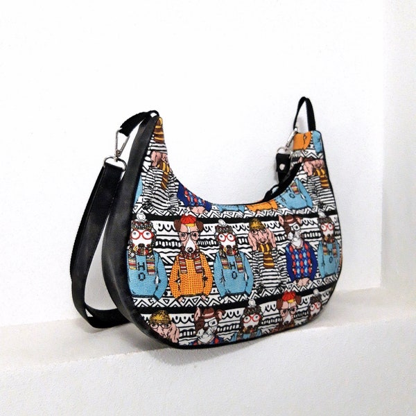 Sac pour femme en forme de demi-lune, sac à bandoulière multicolore fait main, hobo en croissant, petit sac simple, édition limitée, sac pour chiens intelligents imprimé