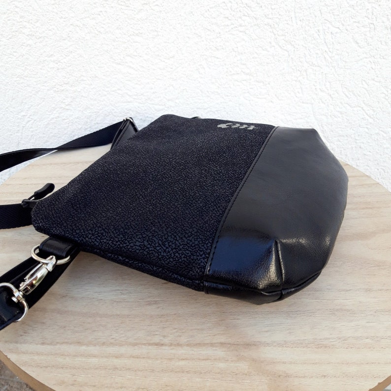 Crossbody tas zwart leer, vegan tas, kleine leren tas, casual schoudertas, avondtasje, tas van een vrouw of meisje, cadeau voor haar, stof afbeelding 7