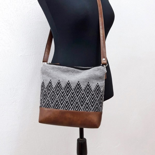 Crossbody bag gray, vegan leather and cotton bag, aztec print, zipper shoulder bag, canvas hobo crossbody purse, Small medium tribal purse