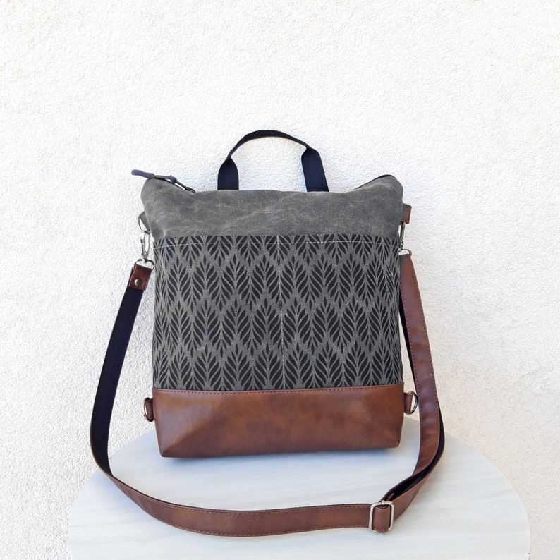 Backpack Convertible purse, Black, Tan, Gray crossbody bag, bag Aztec pattern, shoulder bag, Marble effect canvas hobo purse, vegan purse Brown Leather