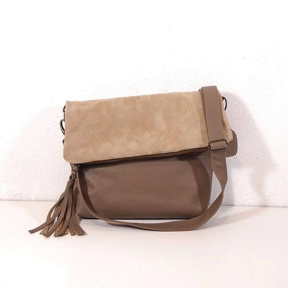 beige suede crossbody bag