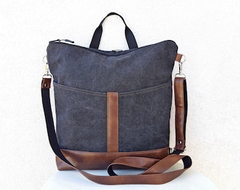 Großer schwarzer Rucksack/Tasche aus gewachstem Stoff, vielseitig einsetzbar, mit Vordertaschen