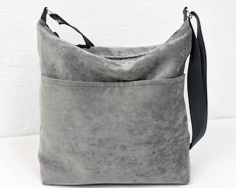 Große graue Samttasche, praktische Schultertasche mit Fächern, ideal als Schüler- oder Wickeltasche