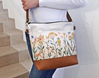 Crossbody bag Medium size, canvas and leather vegan bag, White tarpaulin, purse FLOWER GARDEN, camel color shoulder bag, hobo wax sturdy bag