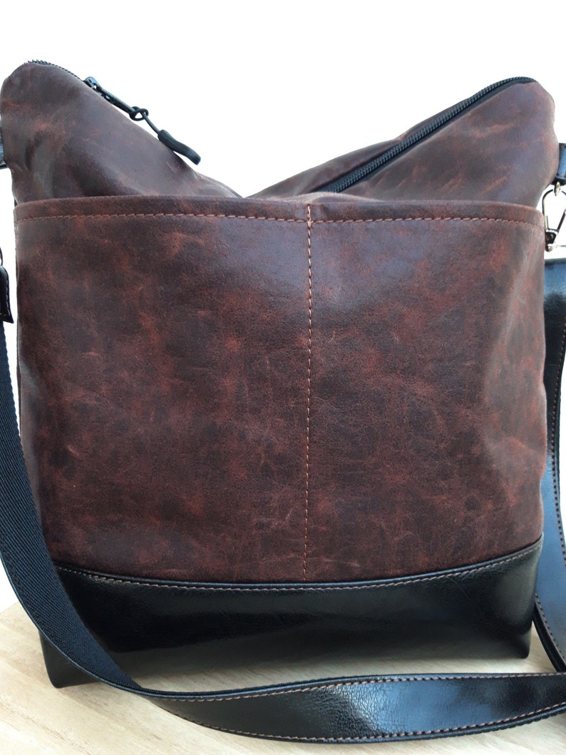 Deep crossbody purse, Ready to ship bag, Leather brown burgundy bag, vegan bag, everyday handbag, shoulder bag external pockets, messenger image 3